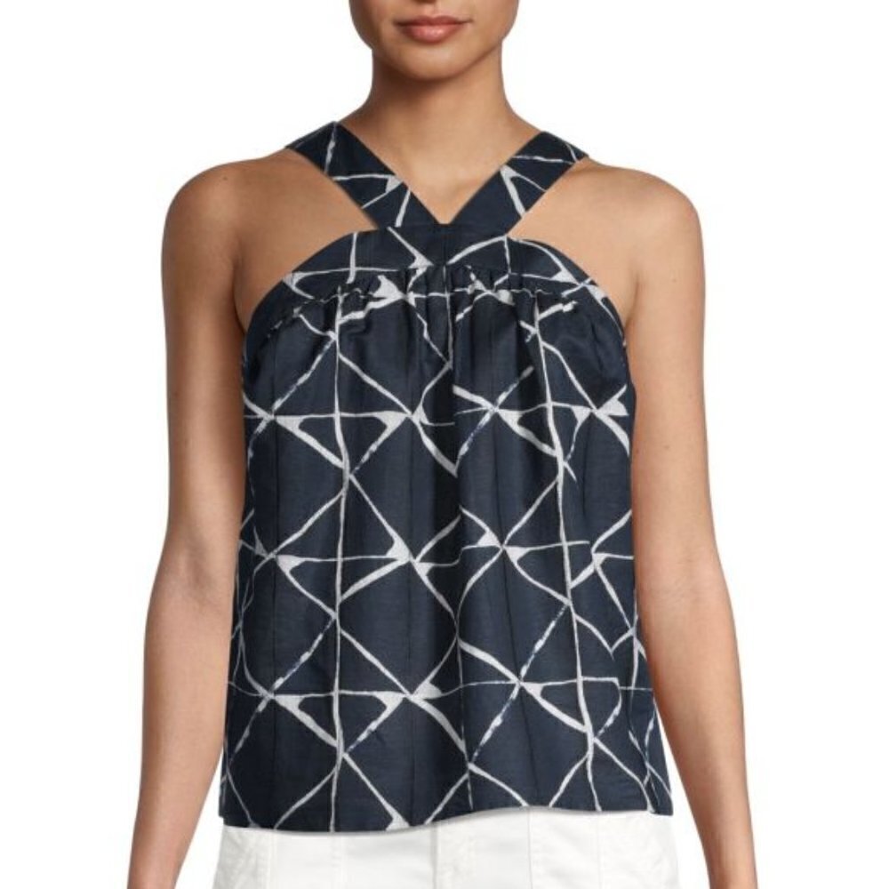 Joie 'Emre' Geometric-Print Linen-Cotton Sleeveless Top, Midnight